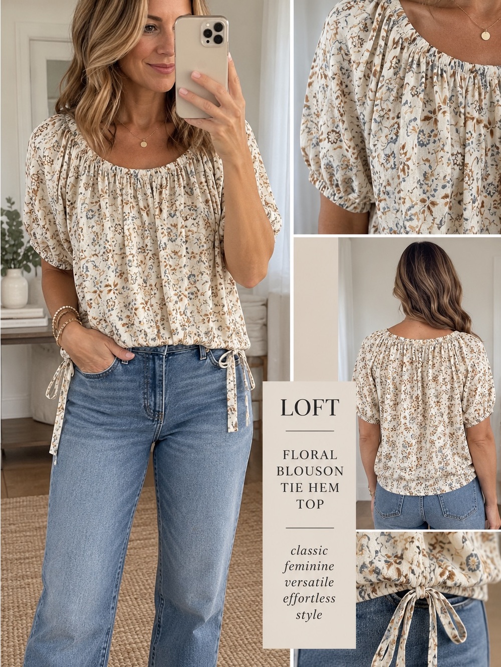 LOFT Floral Blouson Tie Hem Top Size M Cream Blue Brown Boho